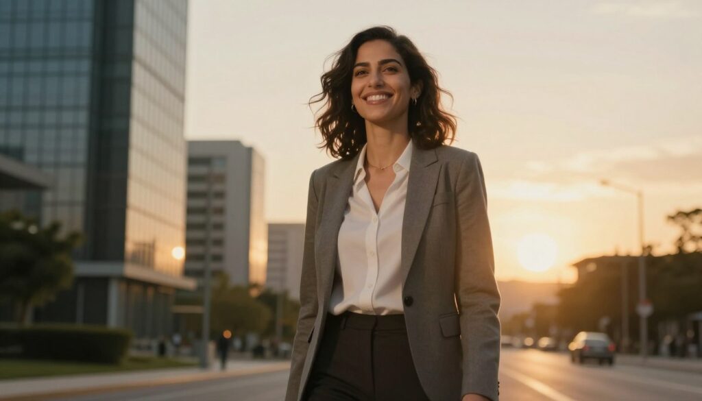 A professional portrait of Rym Ben Ameur Mari, depicted in a modest yet stylish business attire, standing confidently in an inspiring urban environment. In the foreground, she's smiling, radiating determination and ambition. The middle ground features a blend of modern architecture and nature, symbolizing her journey and growth. The background showcases a sunset, casting a warm golden light that enhances her strong presence. The image is captured from a low angle to emphasize her stature and determination, with a soft-focus effect applied to the background to draw attention to her. The overall mood is uplifting and motivational, reflecting the beginning of her inspiring life story.