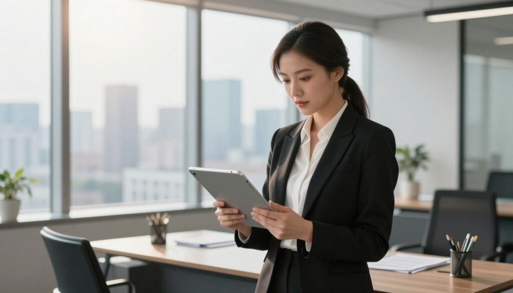 A professional woman in her 30s, embodying confidence and determination, stands in a sleek, modern office environment. She wears a smart black blazer over a white blouse, exuding professionalism. Her hair is styled elegantly, and she holds a tablet in one hand, conveying readiness and ambition. The foreground captures her engaged expression as she reviews documents on her tablet. In the middle ground, a large window offers a breathtaking city skyline, symbolizing opportunity and growth. The background features a stylish desk with minimalistic decor. Soft, natural lighting filters through the window, creating a warm and inspiring atmosphere, while a subtle lens flare adds to the dynamic energy of her professional ascent.