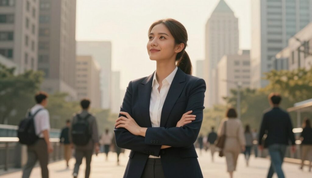 A professional young woman standing confidently in an urban setting, wearing a smart business outfit, symbolizing inspiration and determination. In the foreground, she is engaged in a contemplative pose, with a slight smile, as she gazes upward towards her dreams. The middle ground features a bustling cityscape, with people in motion, representing progress and ambition. The background includes tall buildings and a bright sky, infused with warm, golden sunlight to create an uplifting atmosphere. The image should capture a sense of empowerment and motivation, with soft lighting enhancing the serenity and focus in her expression. Use a slight depth of field to draw attention to her while softly blurring the busy city behind her, enriching the inspiring narrative of her journey.