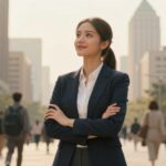 A professional young woman standing confidently in an urban setting, wearing a smart business outfit, symbolizing inspiration and determination. In the foreground, she is engaged in a contemplative pose, with a slight smile, as she gazes upward towards her dreams. The middle ground features a bustling cityscape, with people in motion, representing progress and ambition. The background includes tall buildings and a bright sky, infused with warm, golden sunlight to create an uplifting atmosphere. The image should capture a sense of empowerment and motivation, with soft lighting enhancing the serenity and focus in her expression. Use a slight depth of field to draw attention to her while softly blurring the busy city behind her, enriching the inspiring narrative of her journey.