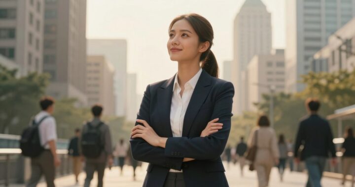 A professional young woman standing confidently in an urban setting, wearing a smart business outfit, symbolizing inspiration and determination. In the foreground, she is engaged in a contemplative pose, with a slight smile, as she gazes upward towards her dreams. The middle ground features a bustling cityscape, with people in motion, representing progress and ambition. The background includes tall buildings and a bright sky, infused with warm, golden sunlight to create an uplifting atmosphere. The image should capture a sense of empowerment and motivation, with soft lighting enhancing the serenity and focus in her expression. Use a slight depth of field to draw attention to her while softly blurring the busy city behind her, enriching the inspiring narrative of her journey.